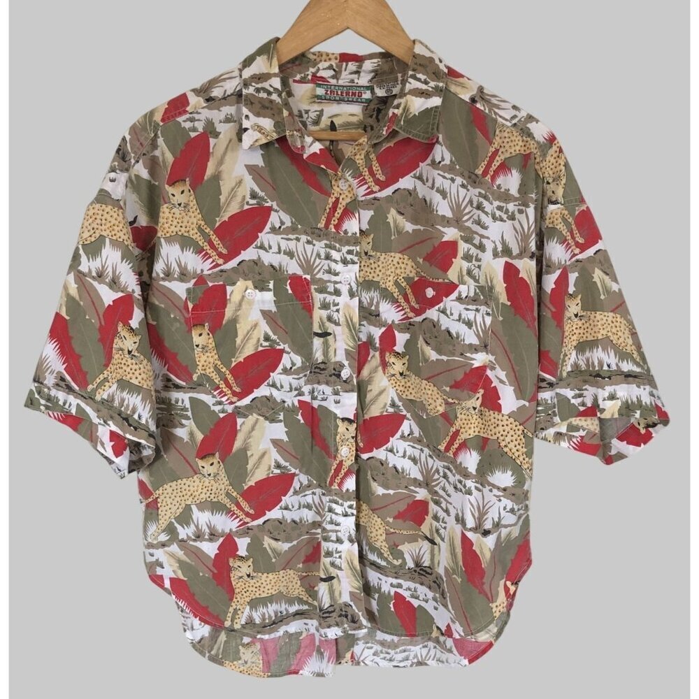 Vintage Zalerno Cat Print Button Up Shirt Mens 40 Animal Print Leopard Artsy